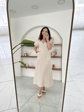 Bej V Yaka Karpuz Kol Çizgili Elbise