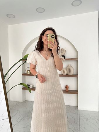 Bej V Yaka Karpuz Kol Çizgili Elbise