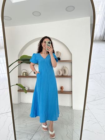 Mavi V Yaka Karpuz Kol Çizgili Elbise