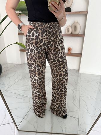 Parlak Leopar Desenli Beli Lastikli Pantolon