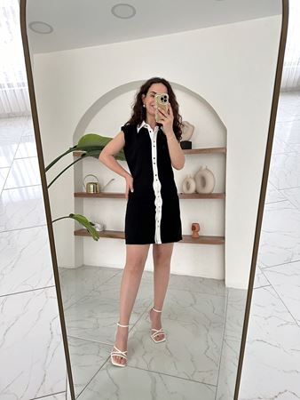 Siyah Polo Yaka Şerit Detaylı Kolsuz Elbise