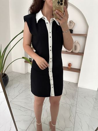 Siyah Polo Yaka Şerit Detaylı Kolsuz Elbise
