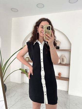 Siyah Polo Yaka Şerit Detaylı Kolsuz Elbise