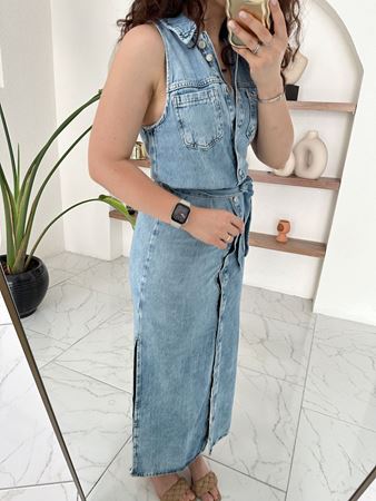 Orijinal Marka Mavi Önü Düğmeli Maxi Boy Denim Elbise