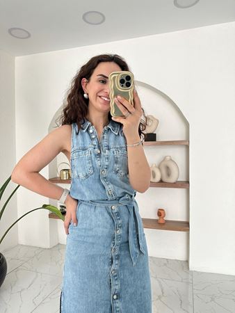 Orijinal Marka Mavi Önü Düğmeli Maxi Boy Denim Elbise