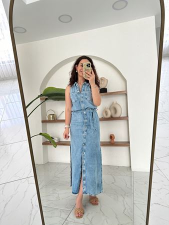 Orijinal Marka Mavi Önü Düğmeli Maxi Boy Denim Elbise