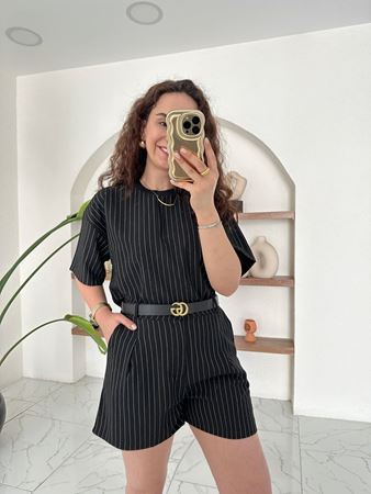 Siyah Çizgili T-Shirt Şort Takım