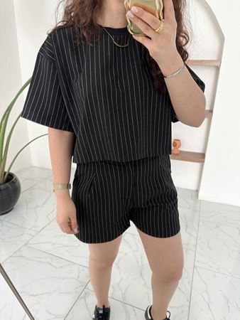 Siyah Çizgili T-Shirt Şort Takım