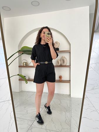 Siyah Çizgili T-Shirt Şort Takım