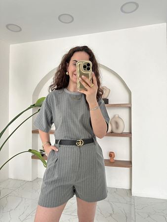 Antrasit Çizgili T-Shirt Şort Takım