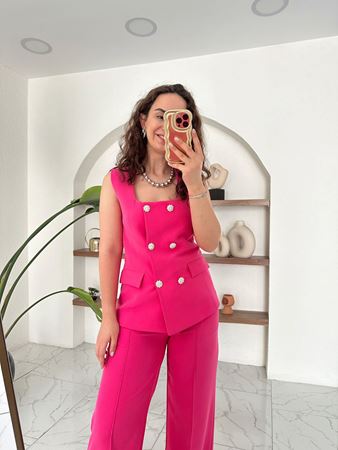 Fuşya Taş Düğmeli Yelek Pantolon Takım