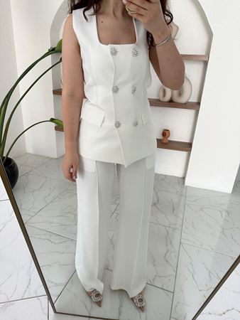 Ekru Taş Düğmeli Yelek Pantolon Takım