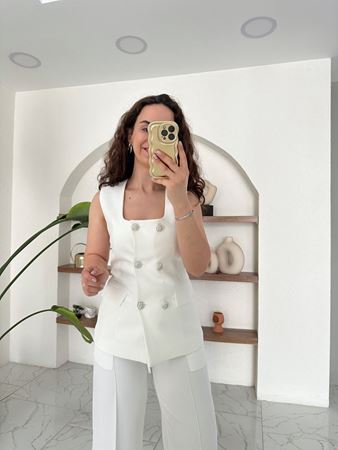 Ekru Taş Düğmeli Yelek Pantolon Takım