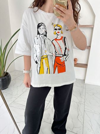 Ekru Geniş Yaka Silver Kadın Baskılı T-Shirt