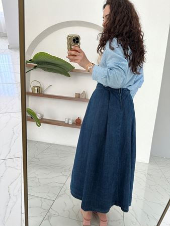 Mavi Kalın Pileli Kiloş Midi Denim Etek