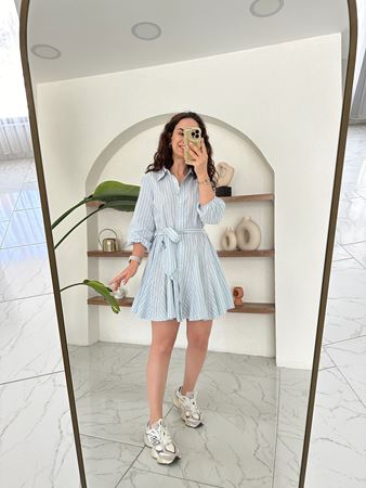 ZR Orijinal Marka Çizgili Etek Ucu Volanlı Keten Elbise