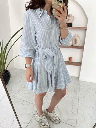 ZR Orijinal Marka Çizgili Etek Ucu Volanlı Keten Elbise