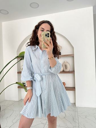 ZR Orijinal Marka Çizgili Etek Ucu Volanlı Keten Elbise