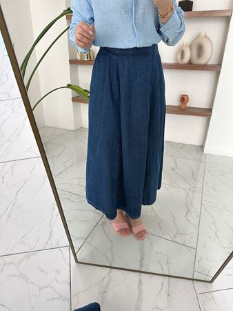 Mavi Kalın Pileli Kiloş Midi Denim Etek