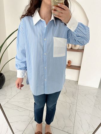 Mavi Pembe Çizgili Kollar ve Yakası Beyaz Cep Detaylı Gömlek
