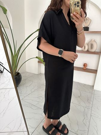 Siyah Gömlek Yaka İki Yandan Yırtmaçlı Keten Elbise