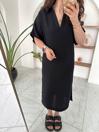Siyah Gömlek Yaka İki Yandan Yırtmaçlı Keten Elbise
