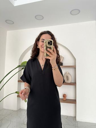 Siyah Gömlek Yaka İki Yandan Yırtmaçlı Keten Elbise