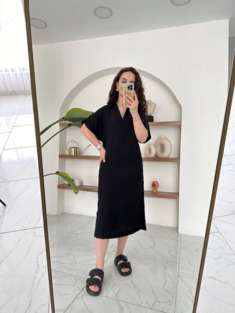 Siyah Gömlek Yaka İki Yandan Yırtmaçlı Keten Elbise