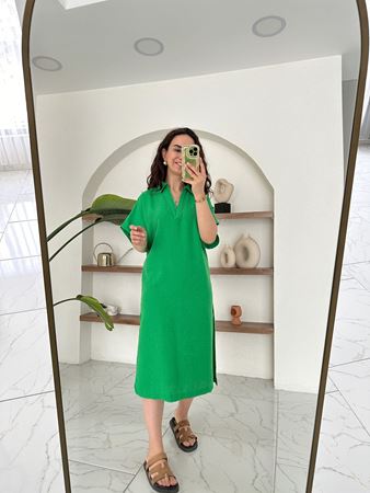 Yeşil Gömlek Yaka İki Yandan Yırtmaçlı Keten Elbise