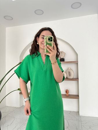 Yeşil Gömlek Yaka İki Yandan Yırtmaçlı Keten Elbise