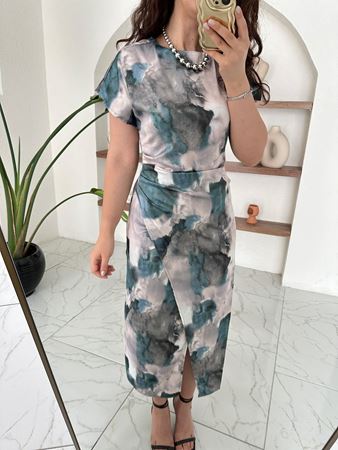 Yeşil Batik Desen Drapeli Elbise