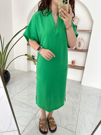 Yeşil Gömlek Yaka İki Yandan Yırtmaçlı Keten Elbise