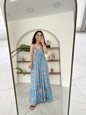 Mavi Etnik Desen Saten Premium Elbise