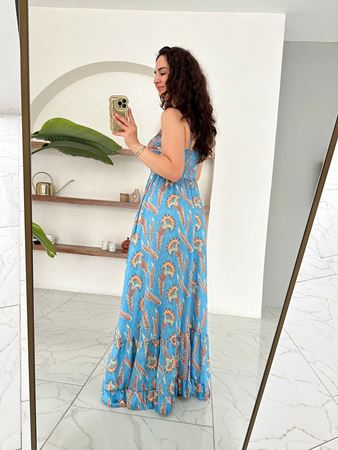 Mavi Etnik Desen Saten Premium Elbise