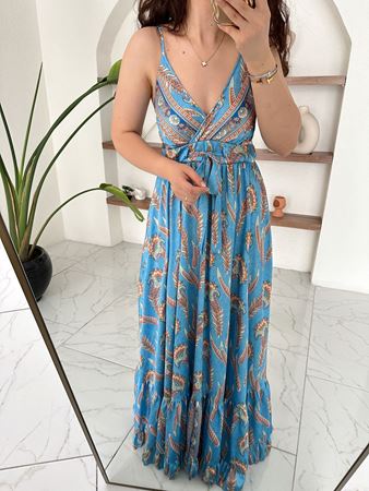Mavi Etnik Desen Saten Premium Elbise