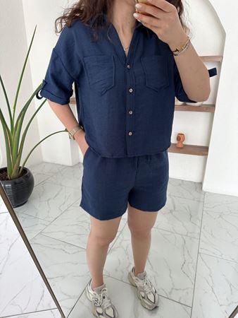 Lacivert Gömlek Şort Keten Takım