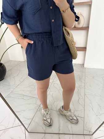 Lacivert Gömlek Şort Keten Takım