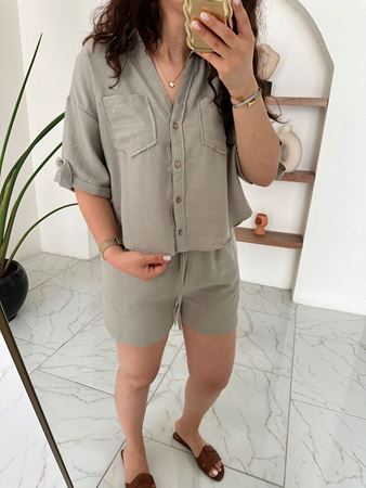 Mint Yeşili Gömlek Şort Keten Takım