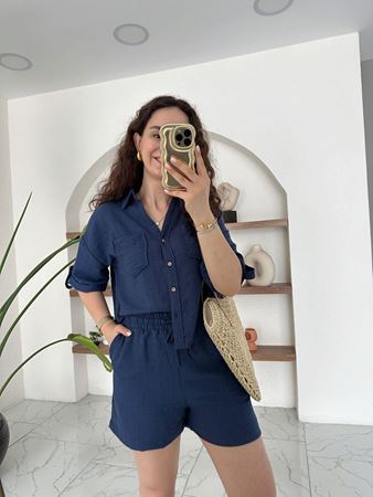 Lacivert Gömlek Şort Keten Takım