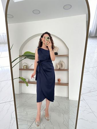 Lacivert Tek Omuz Düğümlü Eteği Kruvaze Elbise