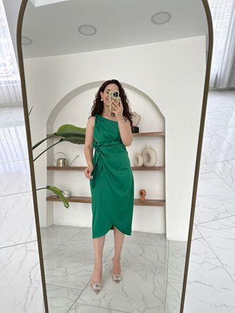 Yeşil Tek Omuz Düğümlü Eteği Kruvaze Elbise