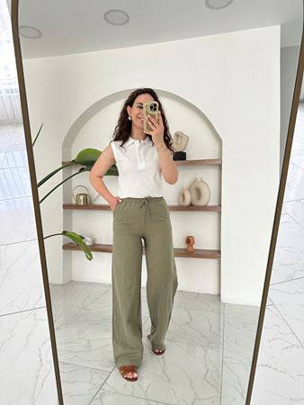 Haki Beli Bağlamalı Lastikli Keten Pantolon
