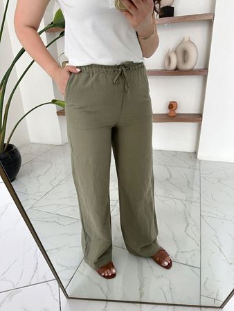 Haki Beli Bağlamalı Lastikli Keten Pantolon