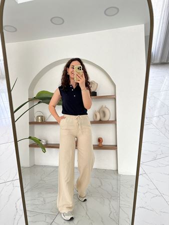 Bej Beli Bağlamalı Lastikli Keten Pantolon