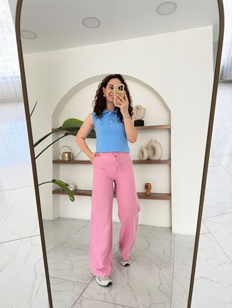 Pembe Beli Bağlamalı Lastikli Keten Pantolon