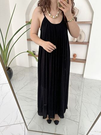 Siyah İp Askılı Keten Elbise