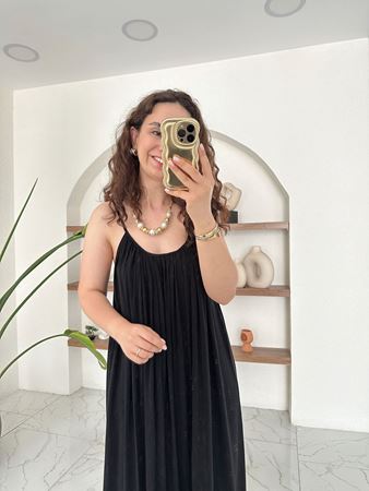 Siyah İp Askılı Keten Elbise