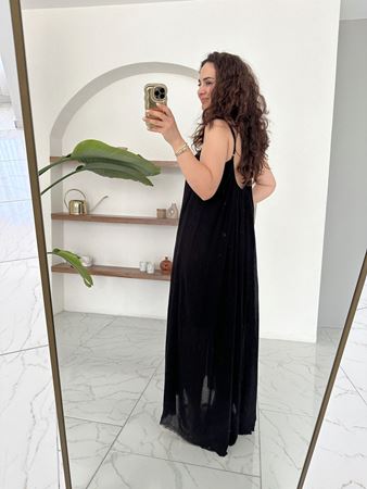 Siyah İp Askılı Keten Elbise