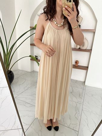 Bej İp Askılı Keten Elbise