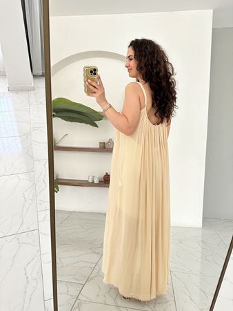 Bej İp Askılı Keten Elbise